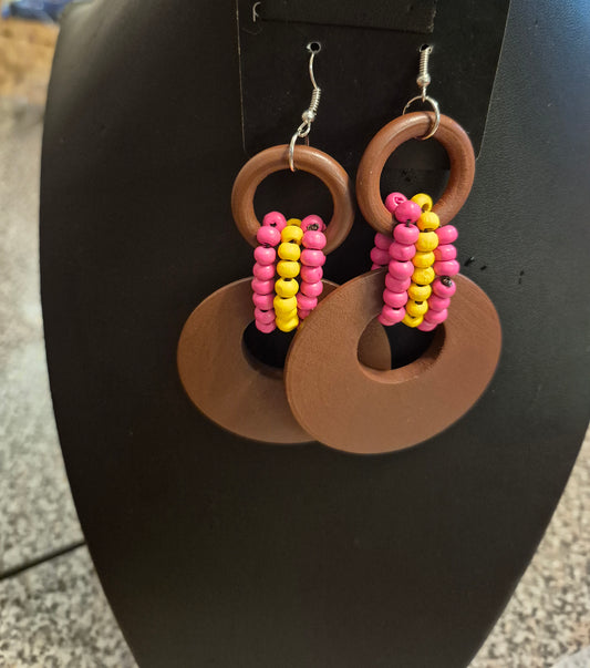 Tropic Twist- Brown and Pink Wood Earrings